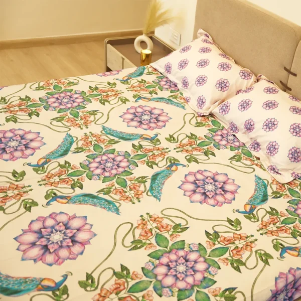 Reysha Digital Print Colour Premium Cotton Bedsheet- Peacock Meadow 400 TC - Image 4