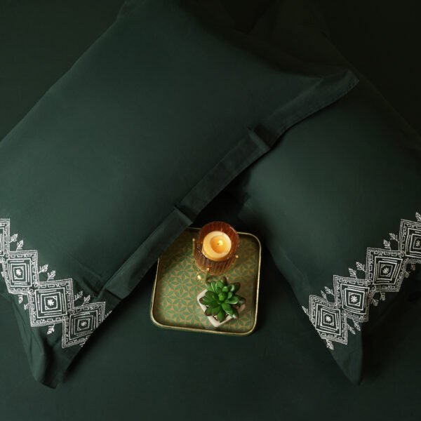 Reysha Embroidery Cotton Bedsheet- Leafy Lattice Forest Green 400 TC - Image 5