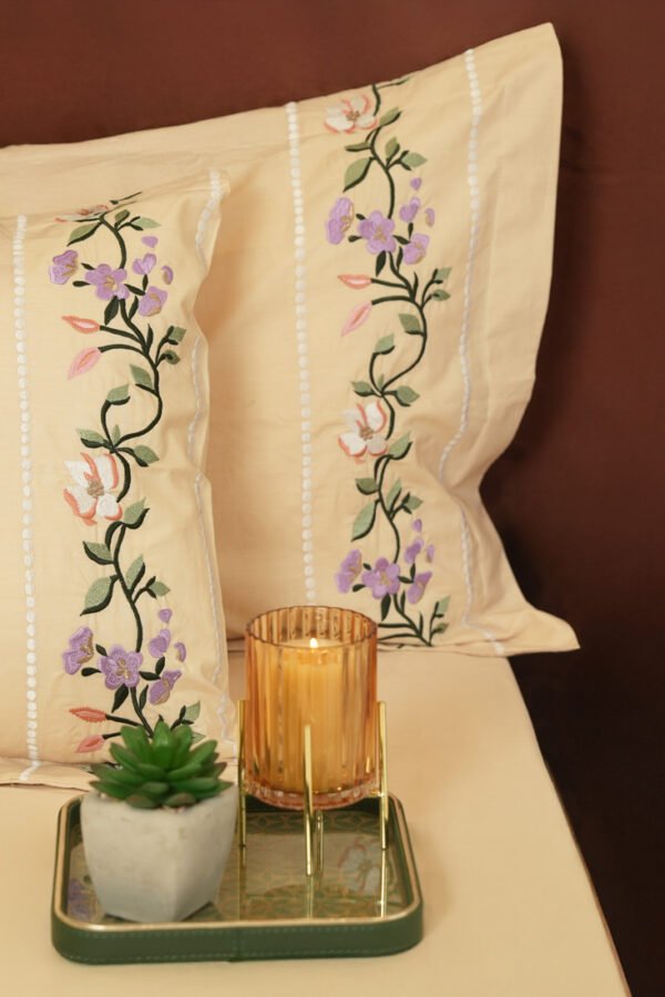 Reysha Embroidery Cotton Bedsheet- Petal Path - Sand 300 TC